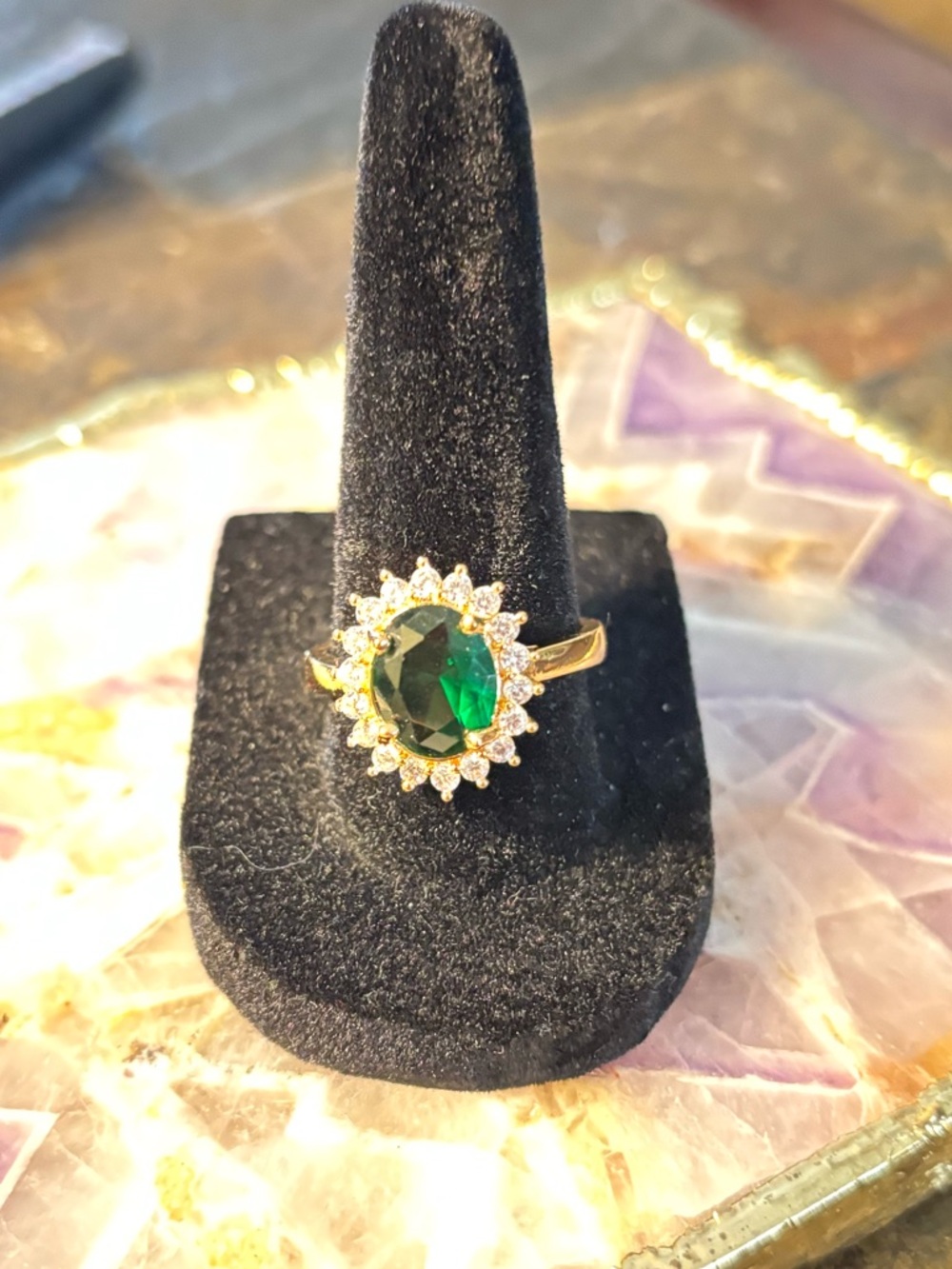 New Rose Gold Plated Green Stone with Crystal Halo Ring